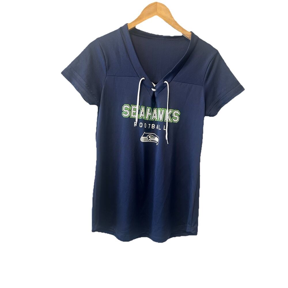 Women’s NFL Seattle Seahawks Short Shirt X-Large Lace Up V-Neck Navy Blue